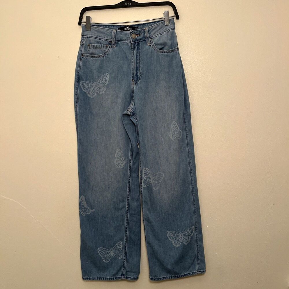 HOLLISTER High Rise Wide Leg Butterfly Boho Cottagecore Jeans, Light Wash- Sz 0S